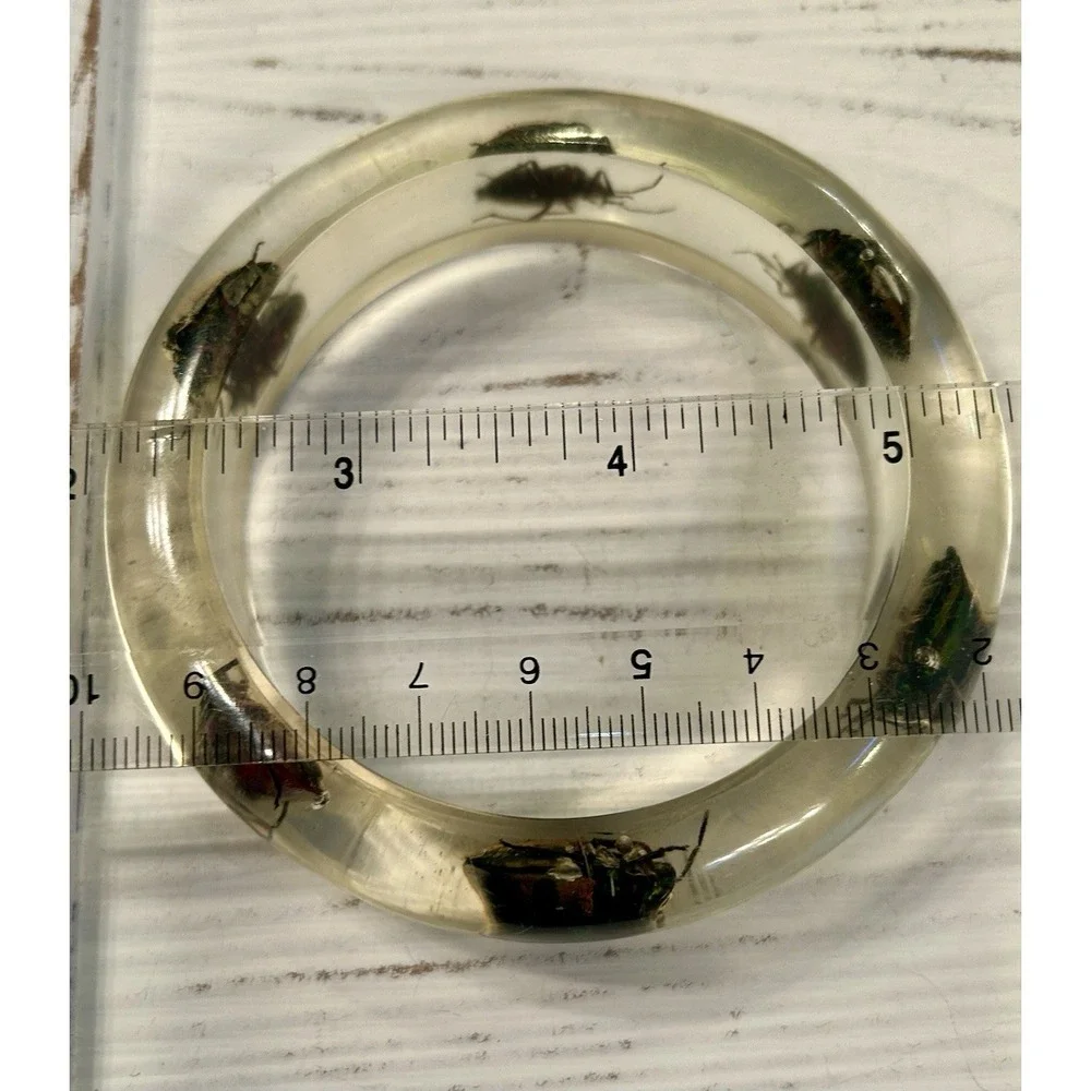 Vintage Neon Beatle Clear Lucite Bangle Bracelet Rare Excellent Fluorescent